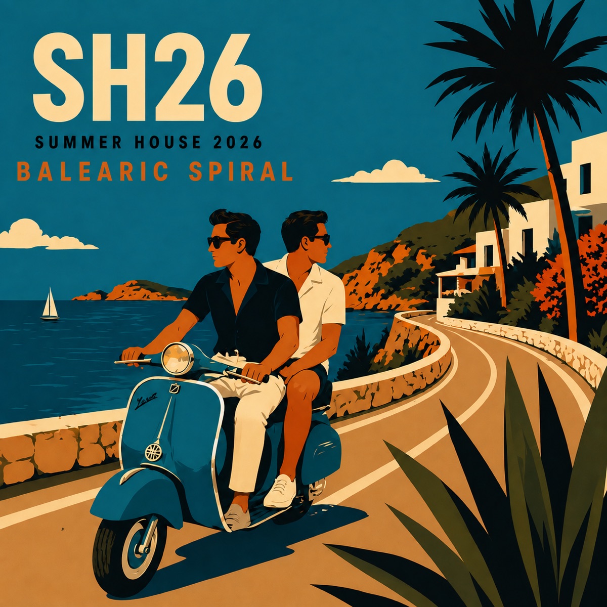 Two riders on a blue Vespa along a Mediterranean coast road, palms and white villas above the sea. SH26, Summer House 2026, Balearic Spiral.