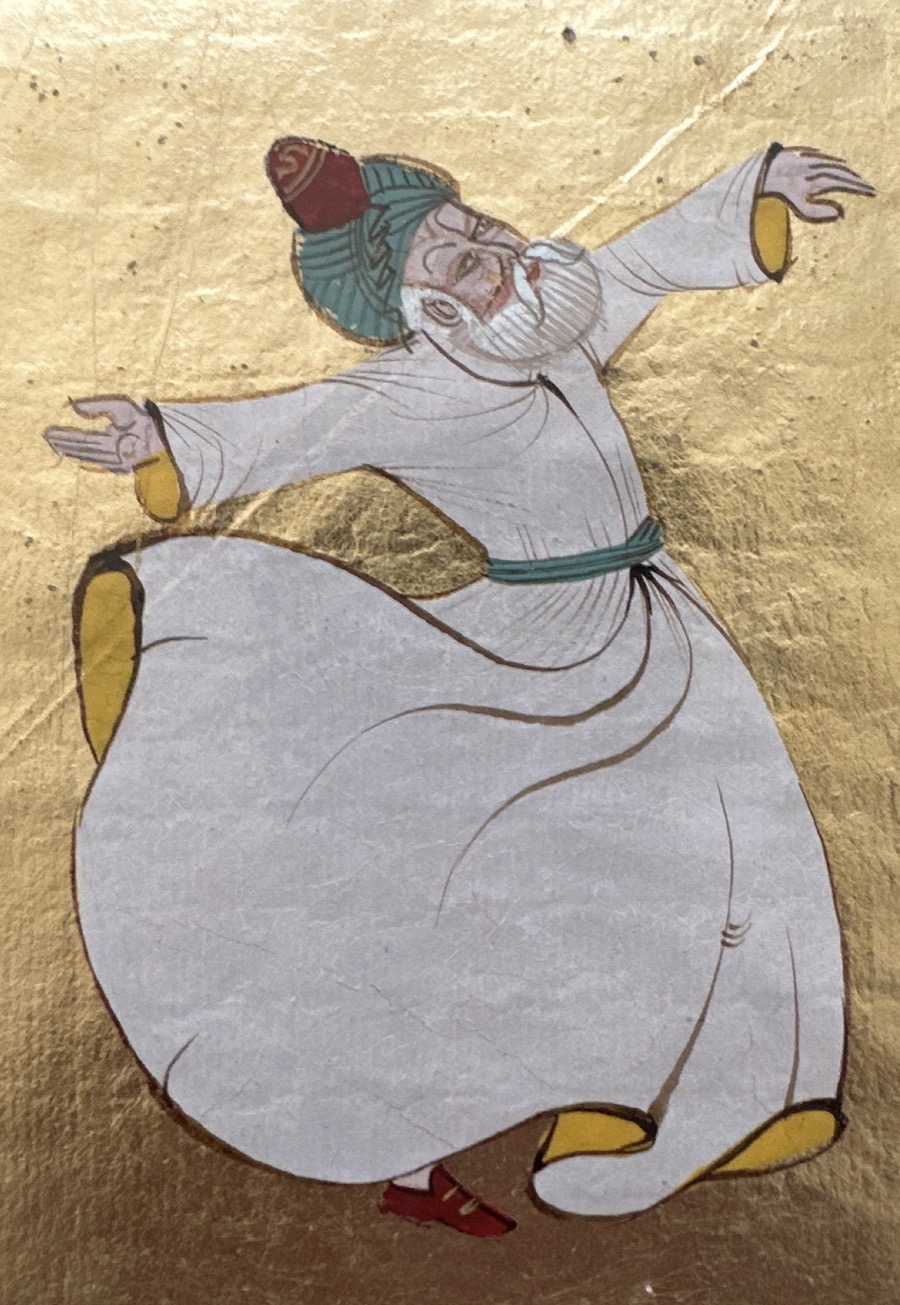 A painting of a whirling dervish on gold leaf: white beard, white robe flared out, green turban over a red cap, one arm raised and one lowered, red shoes.