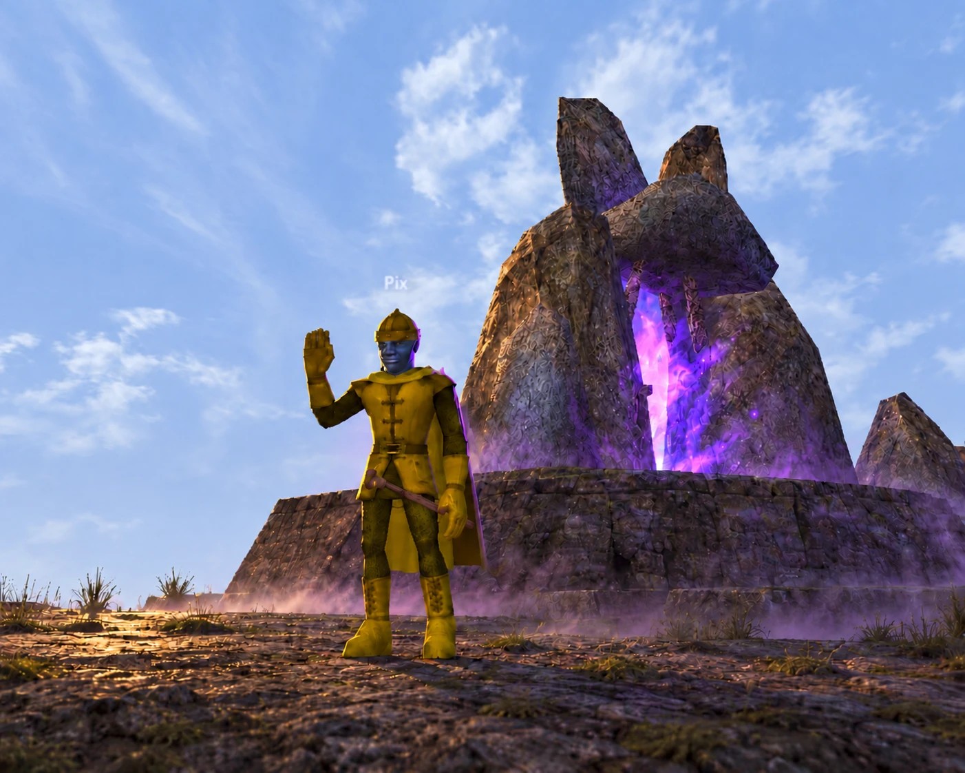 A small yellow-clad figure raises a hand and waves in front of glowing purple portal stones.
