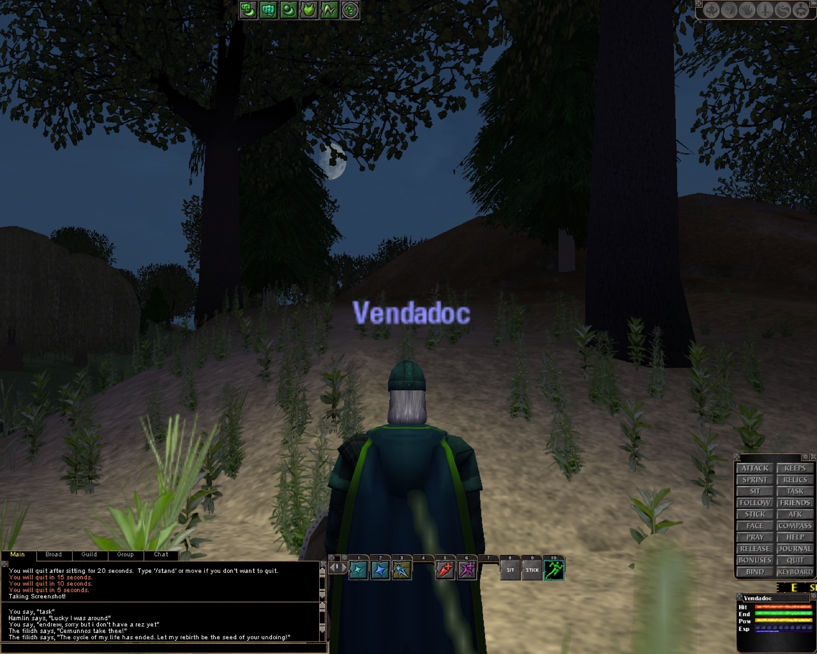 Vendadoc sits on a moonlit hillside among tall plants as the quit countdown runs in the chat window.