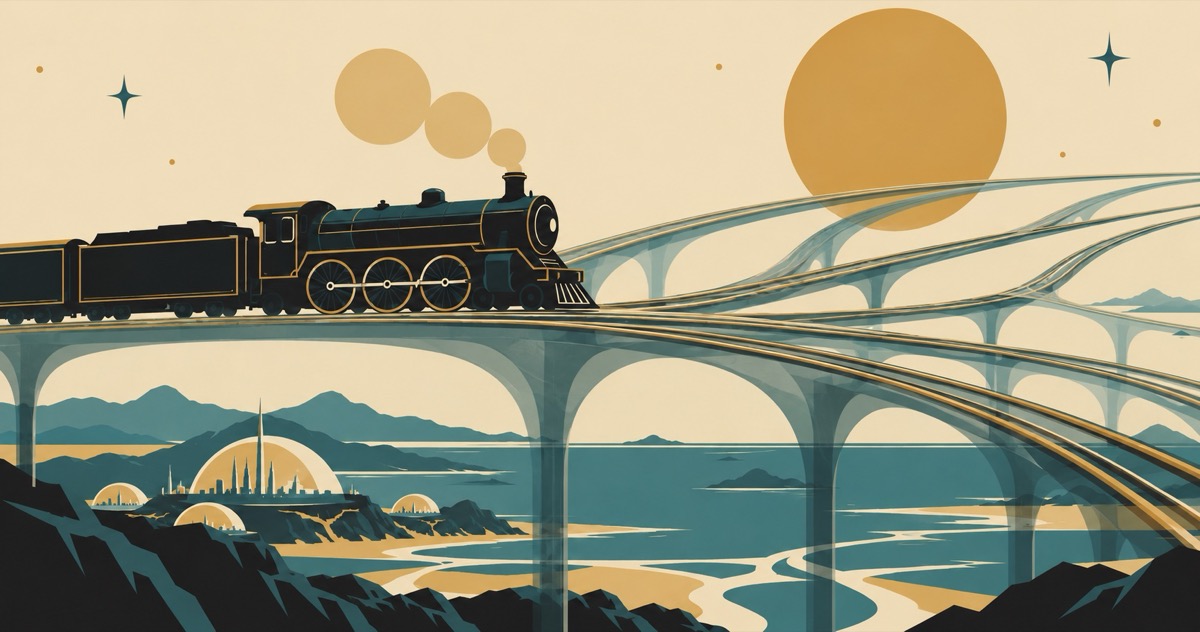 A flat poster-style illustration in cream, teal, black, and gold: a black steam locomotive pulling two cars crosses a tall arched viaduct from left to right, trailing three round puffs of smoke, under a large gold sun and a few four-pointed stars. Past the engine the rails divide into several translucent lines, each on its own ghostly viaduct, that curve off toward the horizon. Below the arches a river delta braids into a calm sea, and on a headland to the left stand a cluster of glass domes and thin spires.