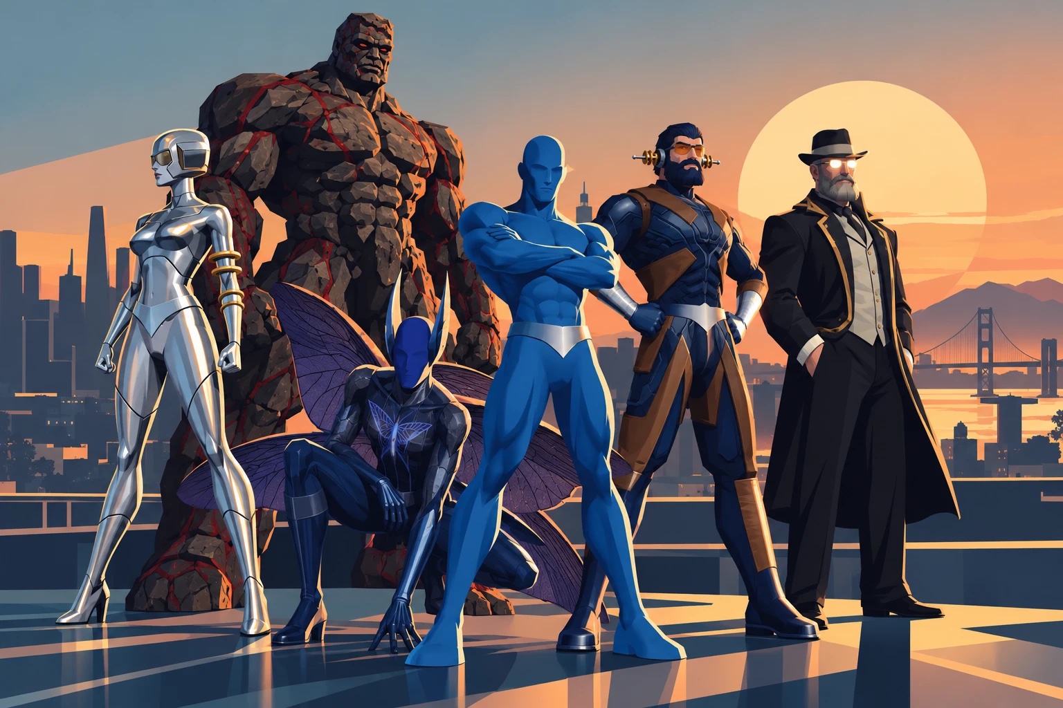 Six superheroes on a rooftop at sunset above a city skyline: a chrome robot woman, a huge man of dark stone with glowing red cracks, a crouching figure in deep indigo with moth wings and antenna crests, a bald blue figure with folded arms, a bearded man in navy and bronze armor with small headphone emitters, and an old gentleman in a black coat, waistcoat, and fedora with glowing eyes.