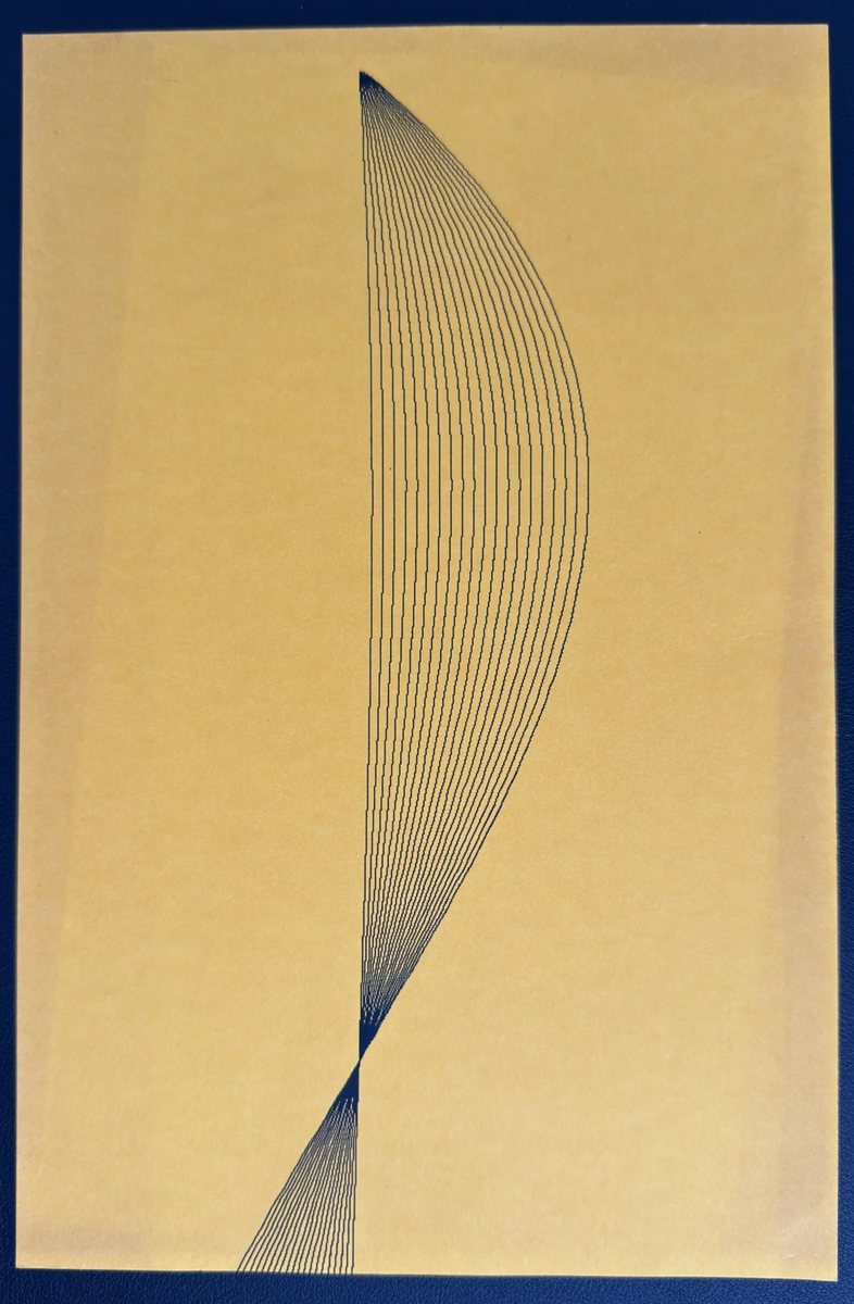 A sheet of gold cardstock printed with about twenty thin dark lines that fan from a point near the bottom, bow outward, and converge to a point at the top, the silhouette of Brancusi's Bird in Space.