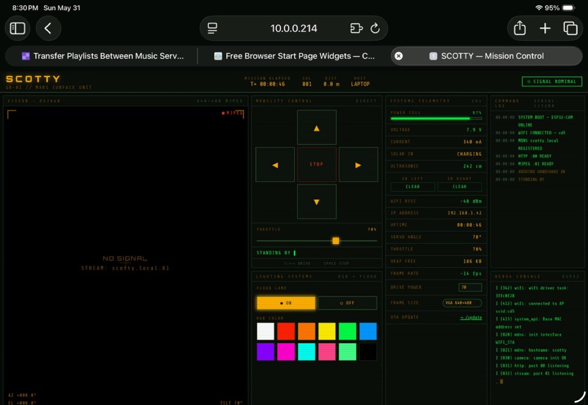 A dark tablet screen in Star Trek LCARS style: a vision panel reading no signal, direction buttons, a telemetry column, a command log, and a debug console.